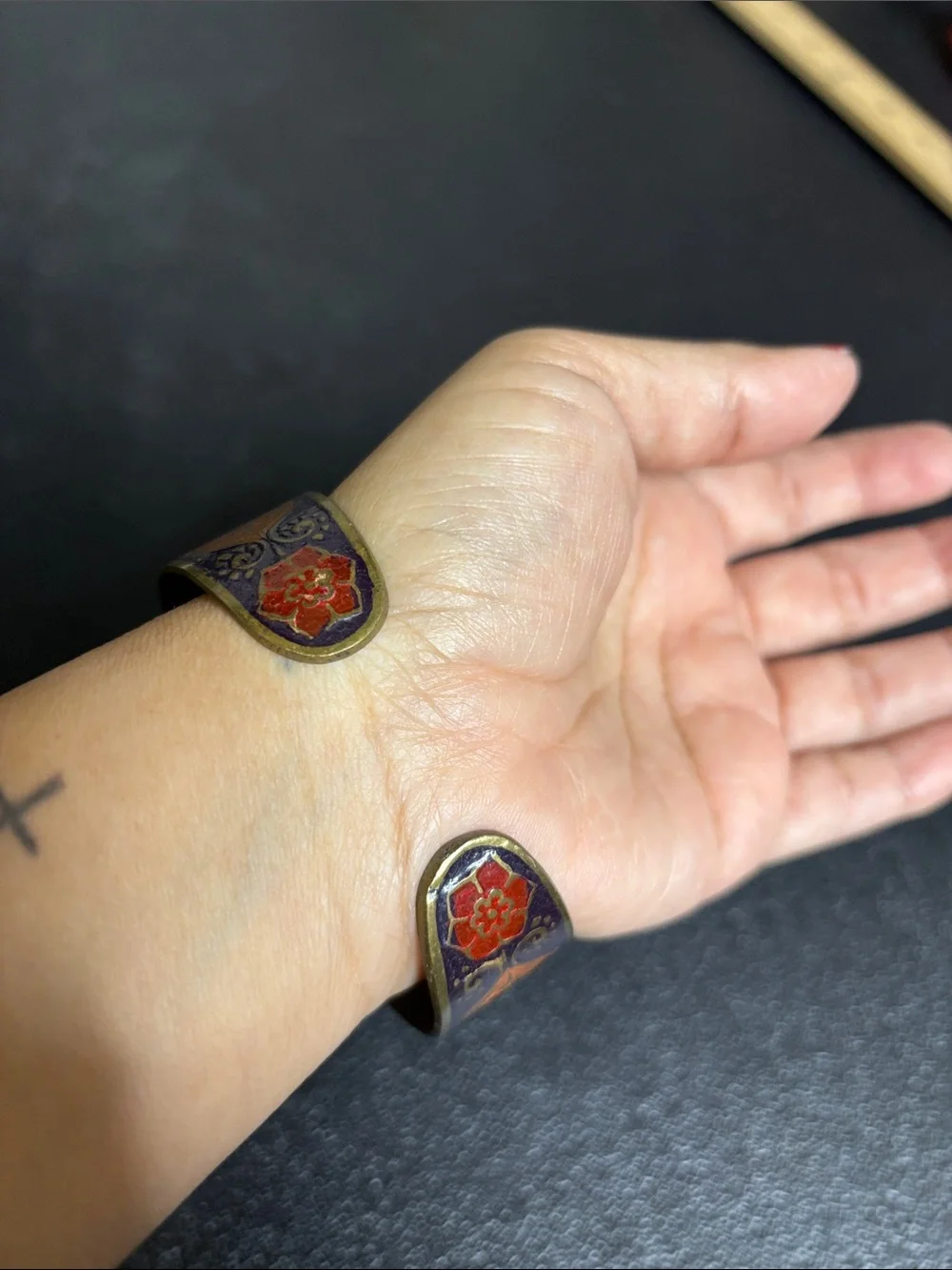 Vintage Chinese Cloisonne Enamel Floral Cuff Brass Bracelet Purple Orange